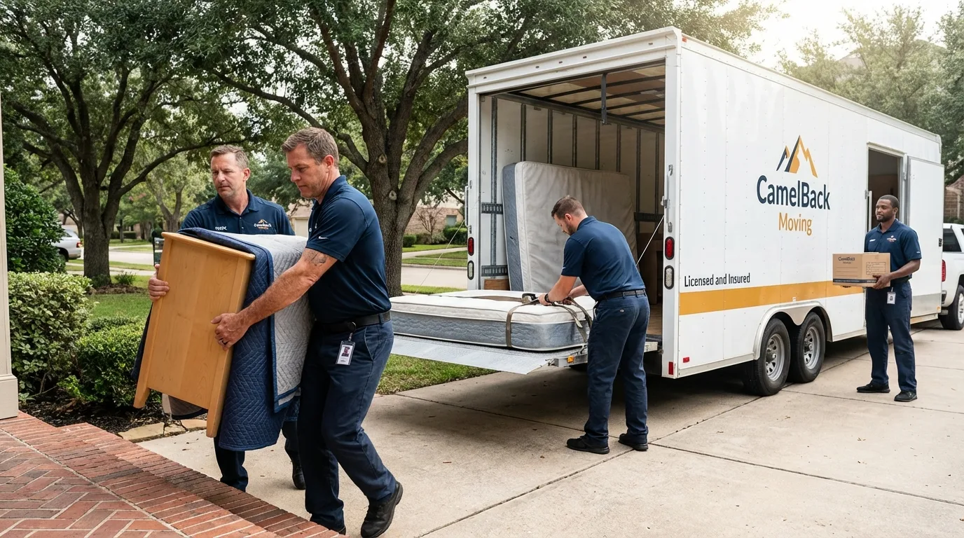 Crew loading residential truck for cross-state move from Merryville, LA