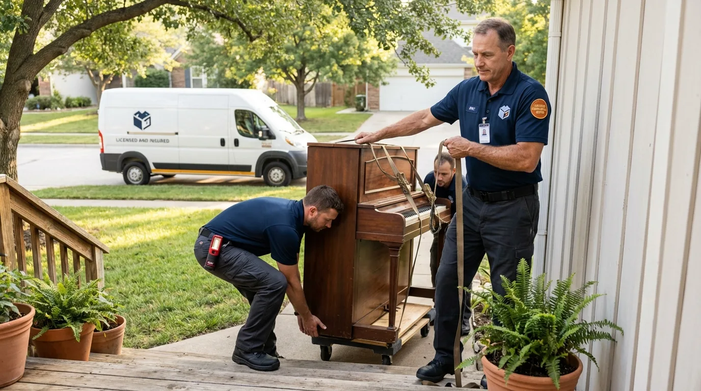 Licensed piano movers securing grand piano in Merryville, LA