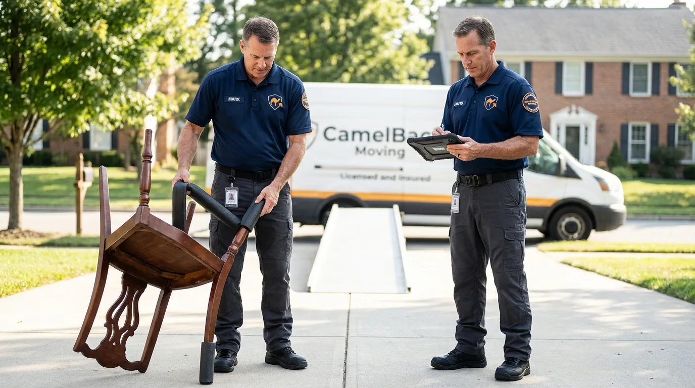 Movers inspecting furniture for damage prevention before loading in Merryville, LA