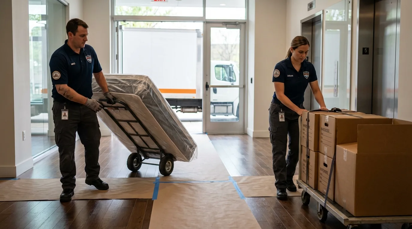 Professional apartment movers loading elevator in Merryville, LA