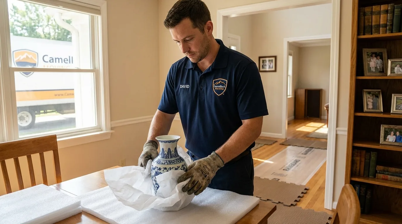 Professional crew carefully wrapping antique vase for senior downsizing move in Merryville, LA